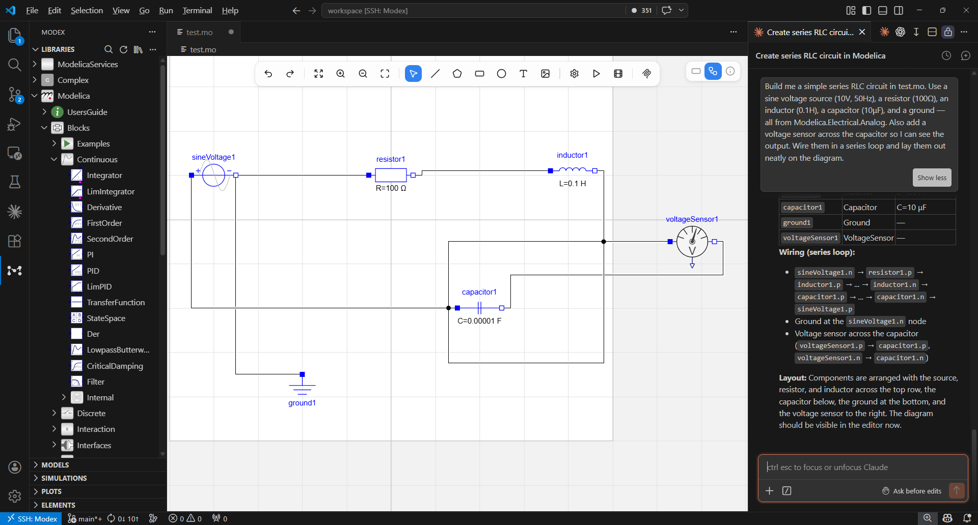Build with AI — any coding agent connects via MCP to create complete Modelica diagrams from natural language
