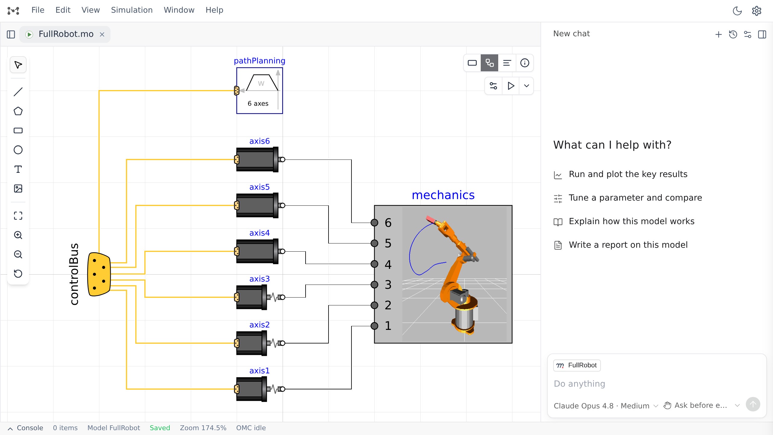 MSL's RobotR3 FullRobot open on the Modex diagram canvas: a control bus fanning out to six axis drives, wired to a mechanical structure block that renders the robot's own library image